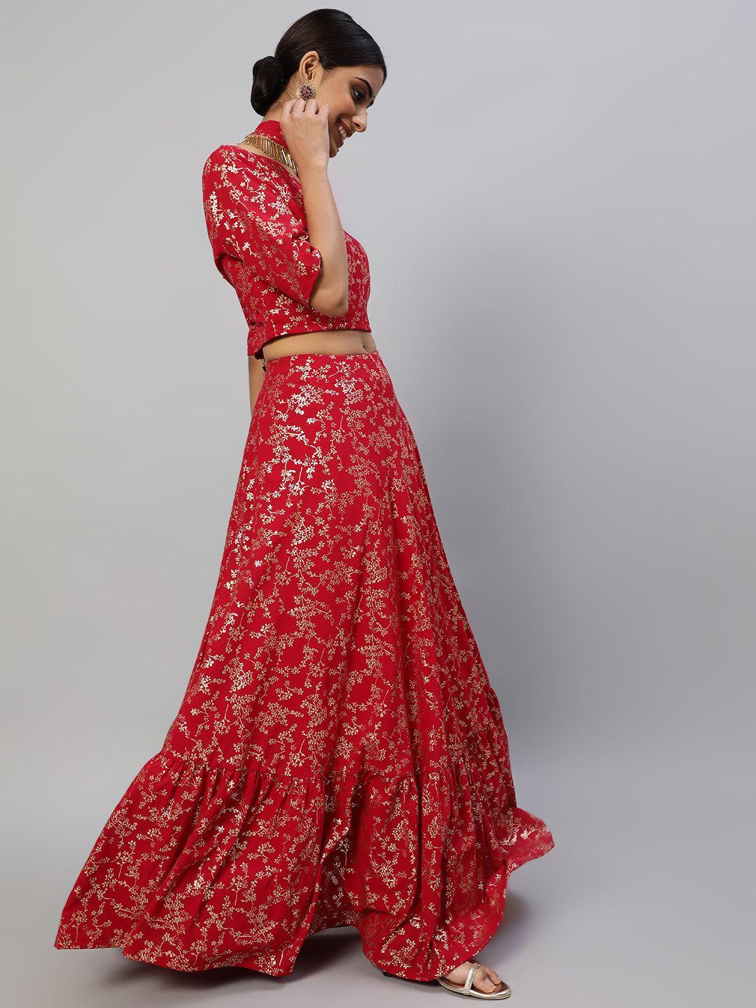 Women's Red Floral Printed Lehenga Choli With Potali Bag & Necklace