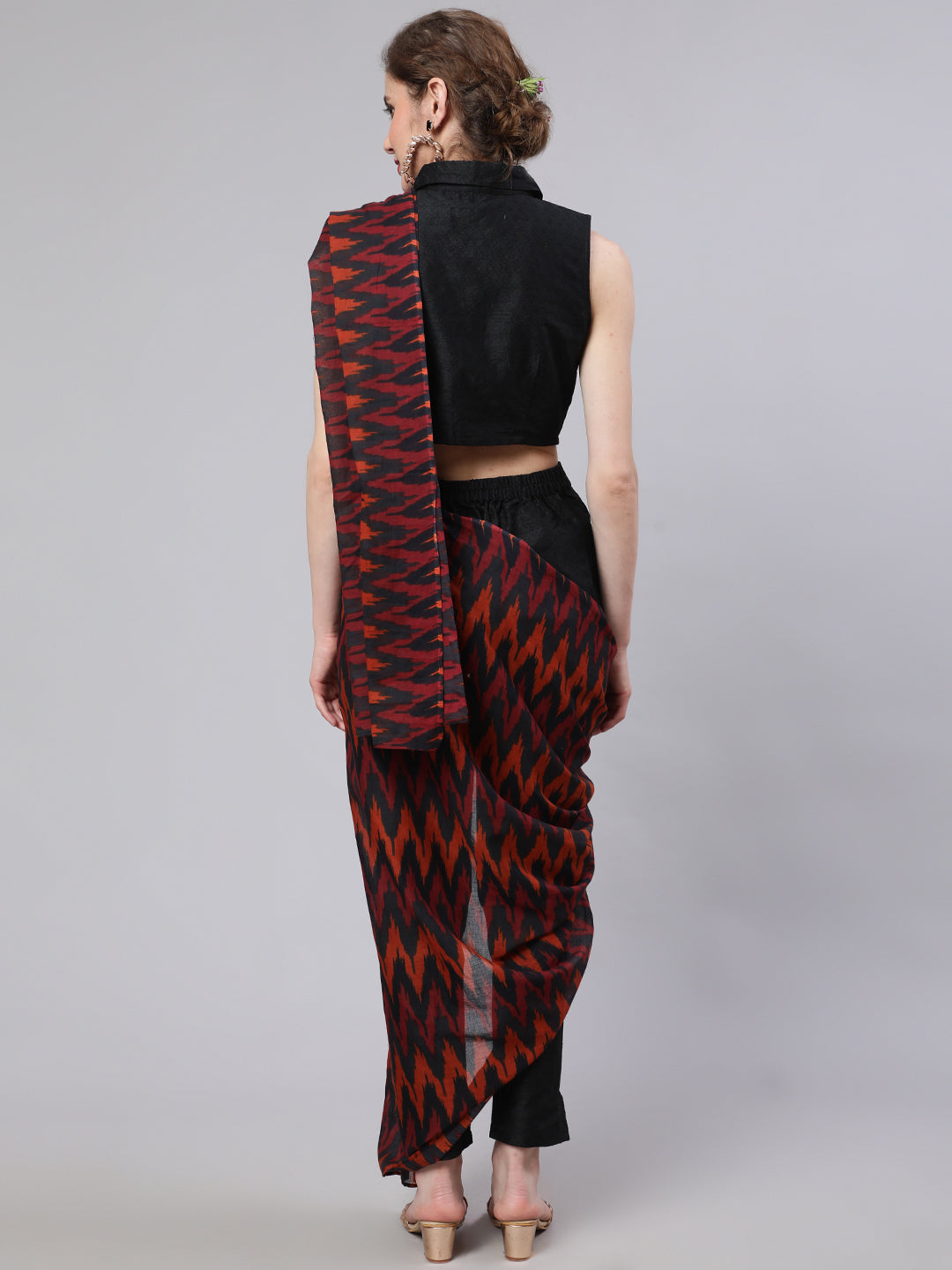Women's Black Printed Saree Co Ord Set