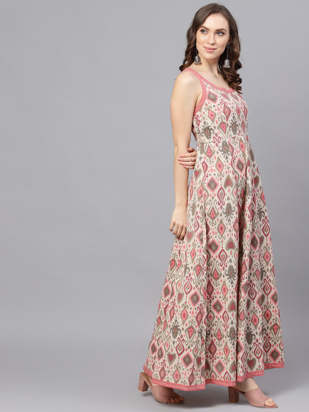 Women's Cream Printed Sleevless Maxi Dress
