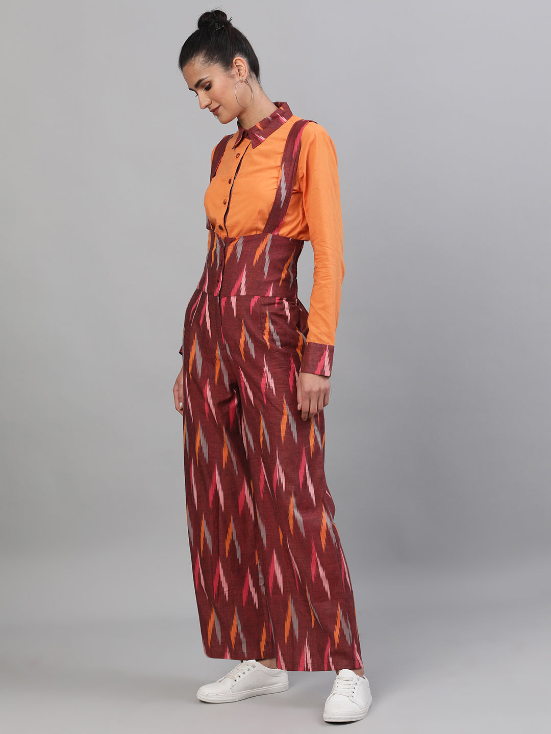 Women's Maroon Ikat Designed Dungaree