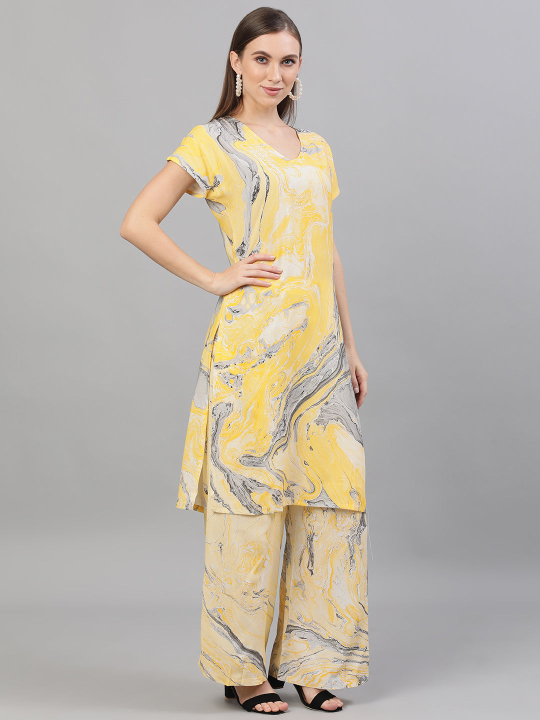 Women's Yellow & Grey Marble Print Kurta
