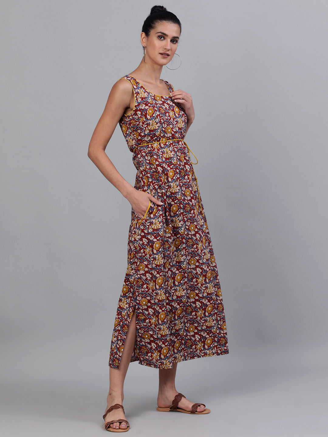 Women's Maroon Floral Print High Slit Maxi Dress