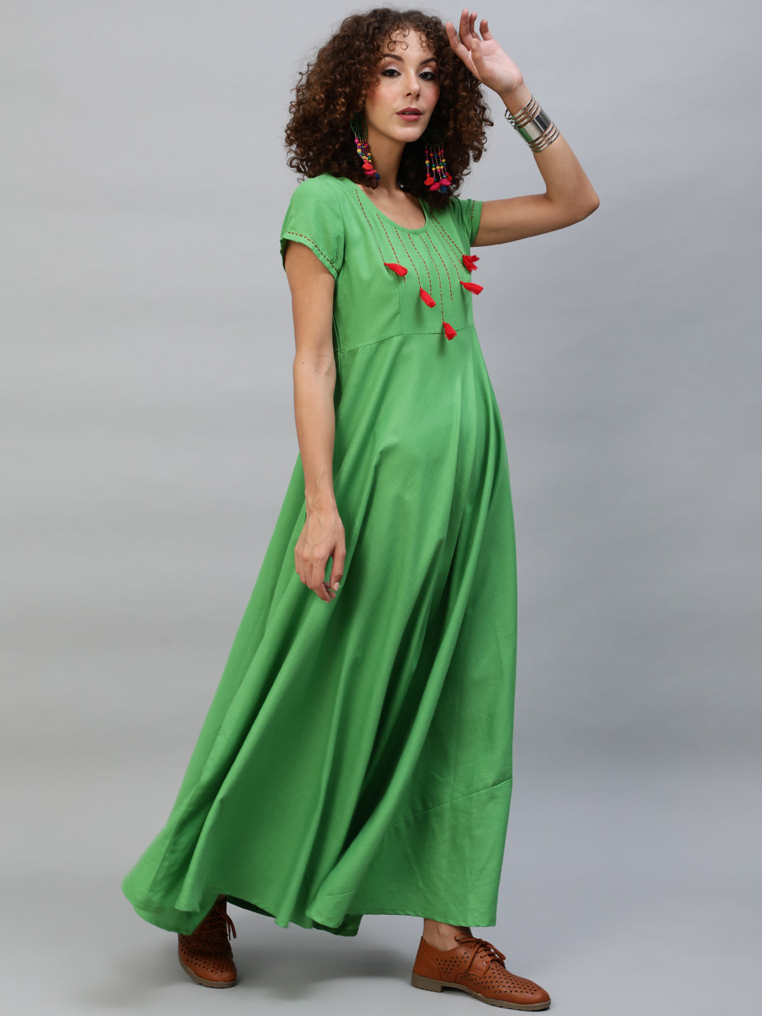 Women's Green Maxi Dress With Thread Worked Yoke