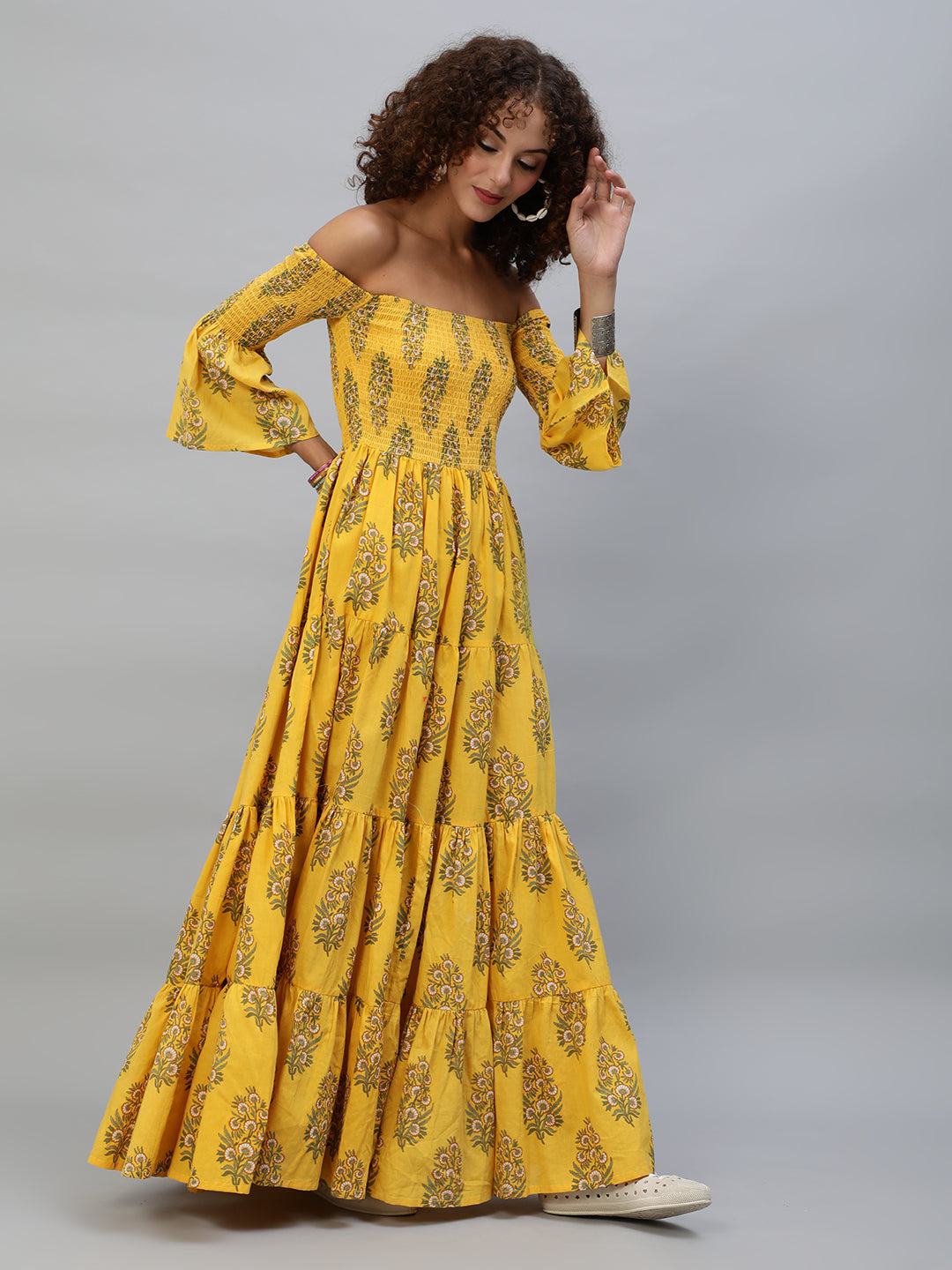 Women's Yellow Floral Print Off-Shoulder Tiered Maxi