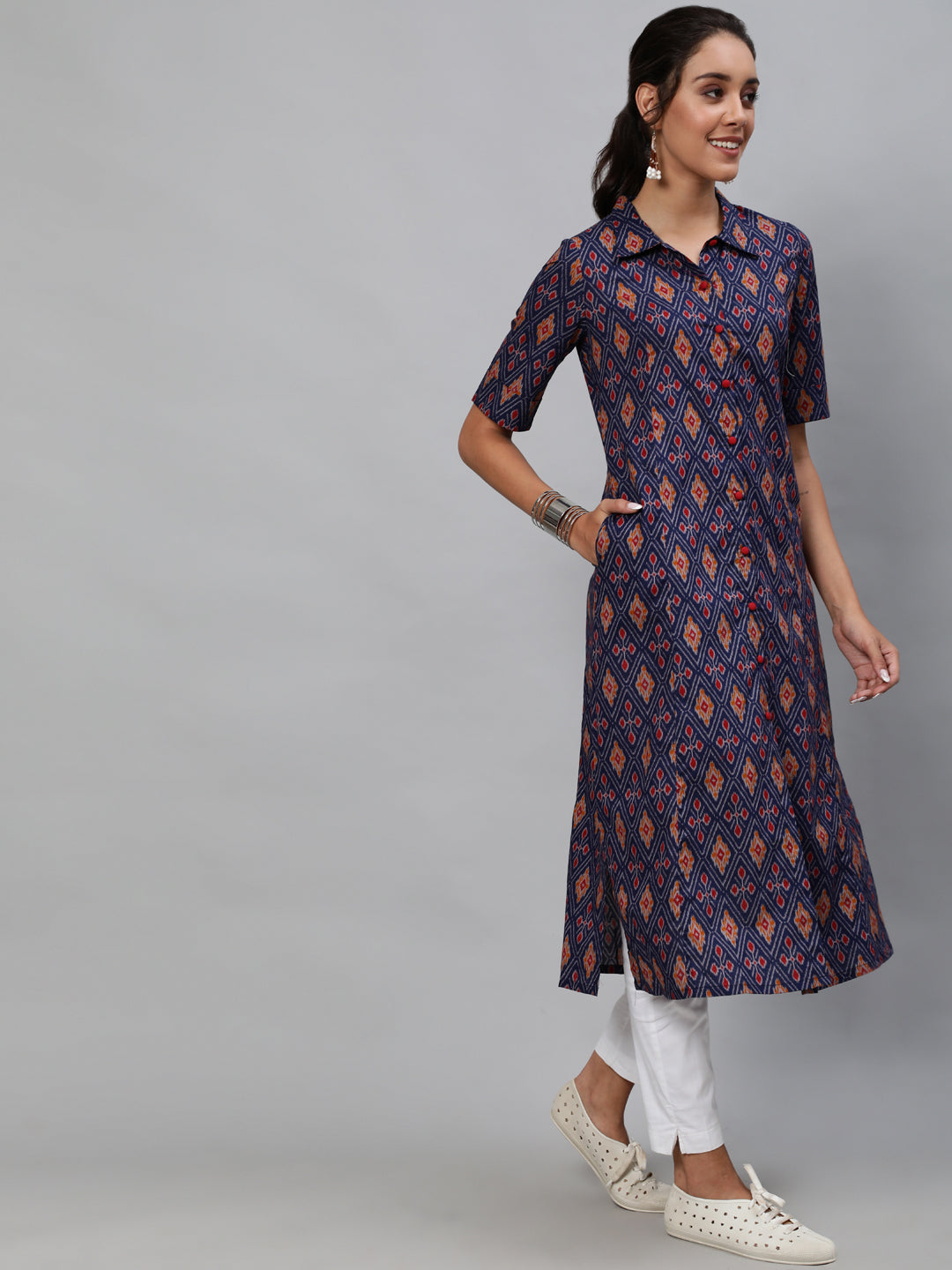 Women's Blue Patola Print A-Line Kurta