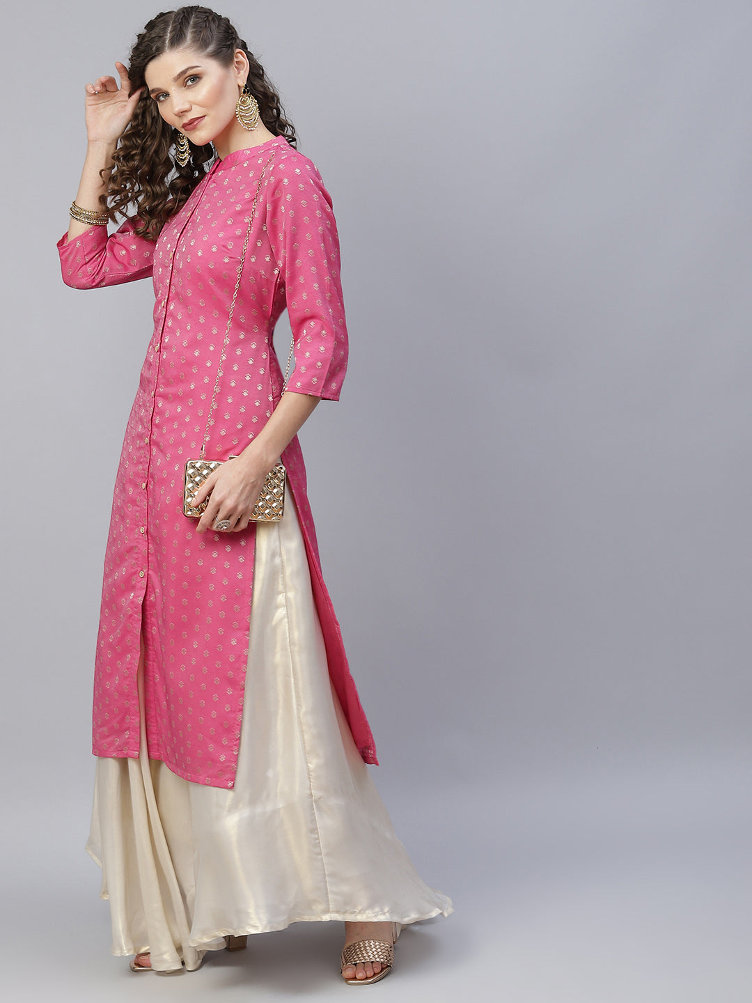 Women's Pink Woven Designed Kurta