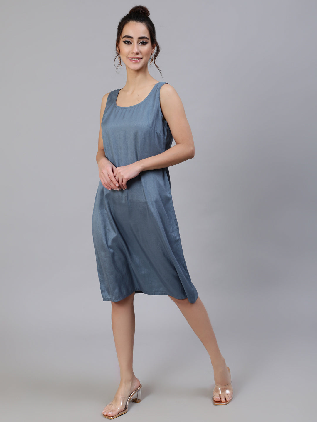 Women's Grey Foil Printed A-Line Dress With Jacket