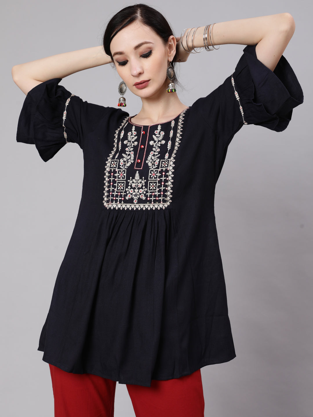 Women's Navy Blue Embroidered Tunic