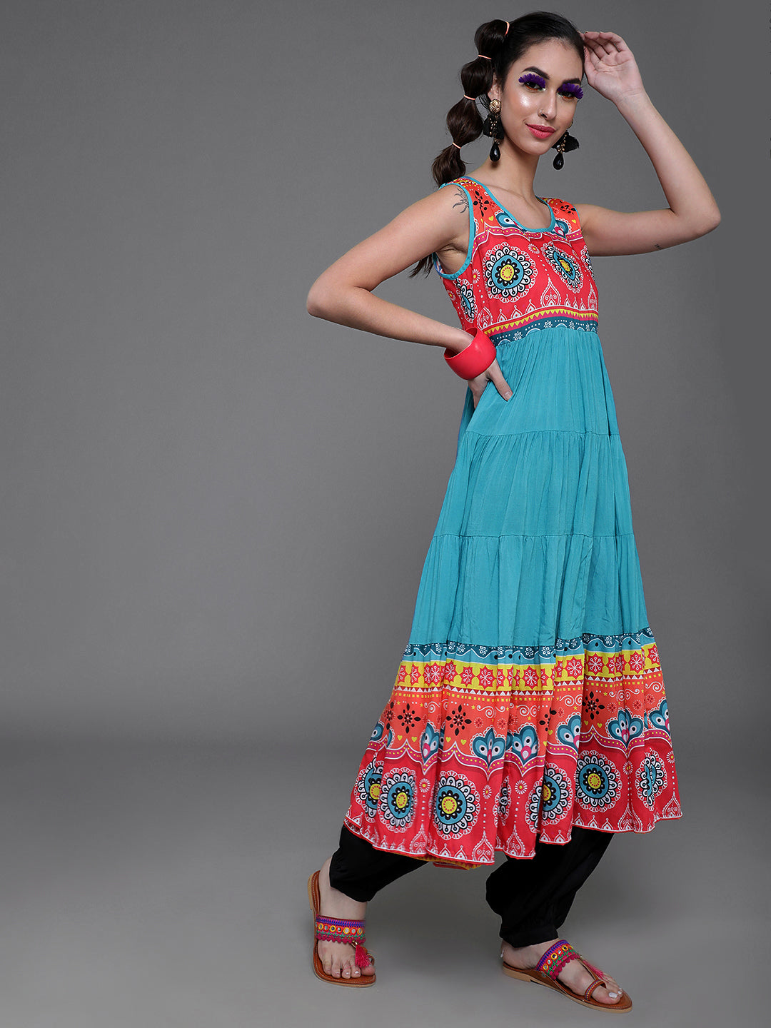 Women's Blue & Red Printed Tiered Anarkali