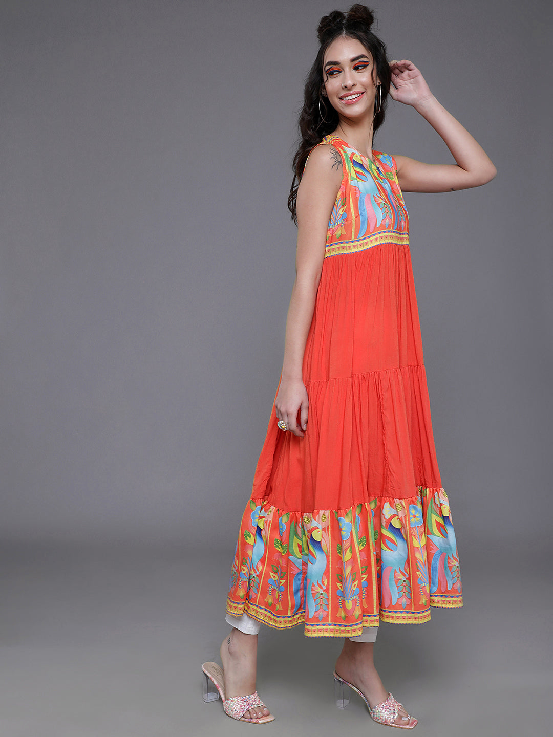Women's Orange Printed Tiered Anarkali