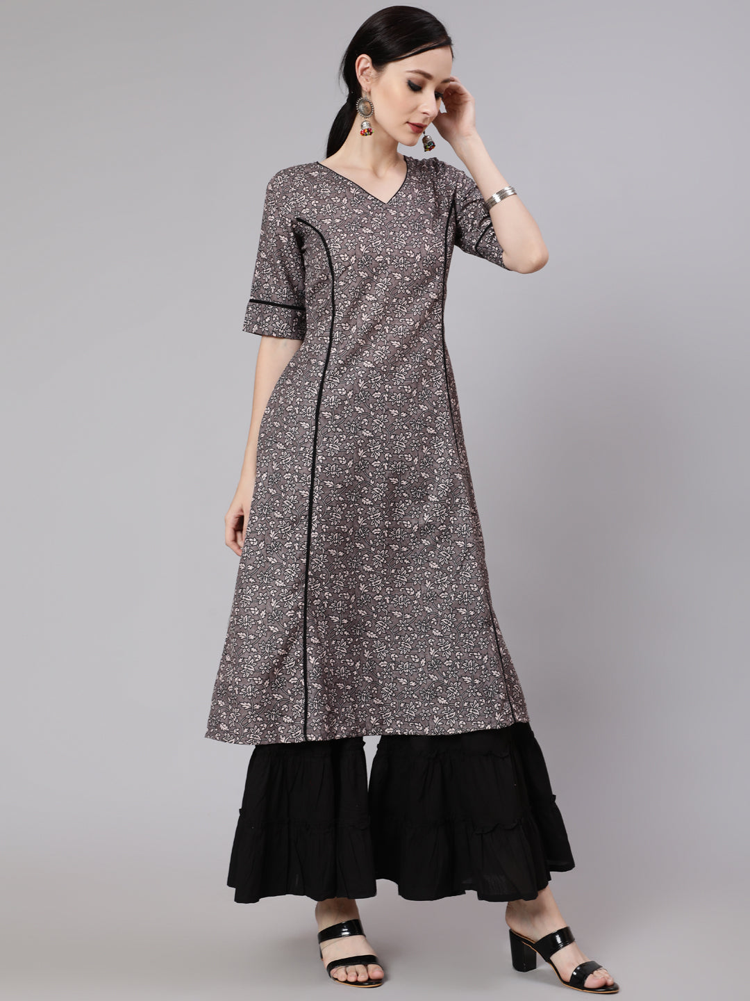 Women's Grey Floral Print A-Line Kurta