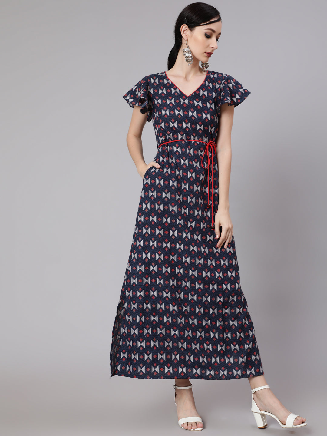 Women's Blue & Maroon Printed Side Slit Maxi Dress
