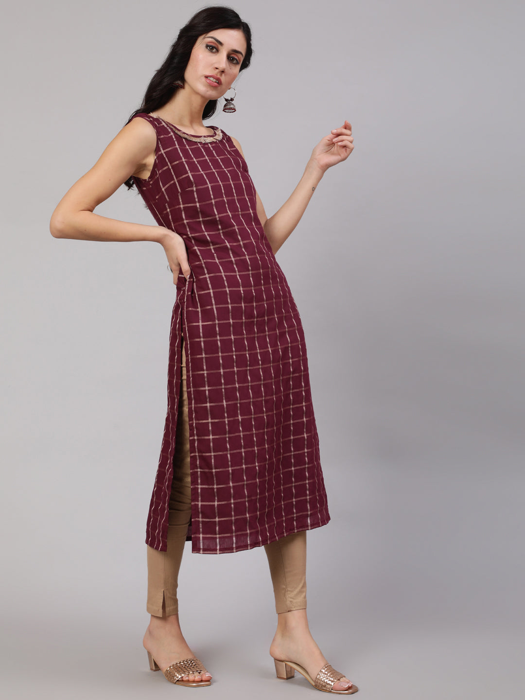 Women's Burgundy Checked Kurta With Lace Details