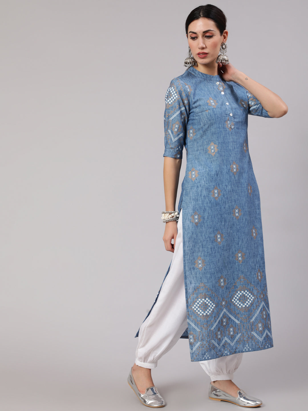 Women's Blue Printed Long Kurta