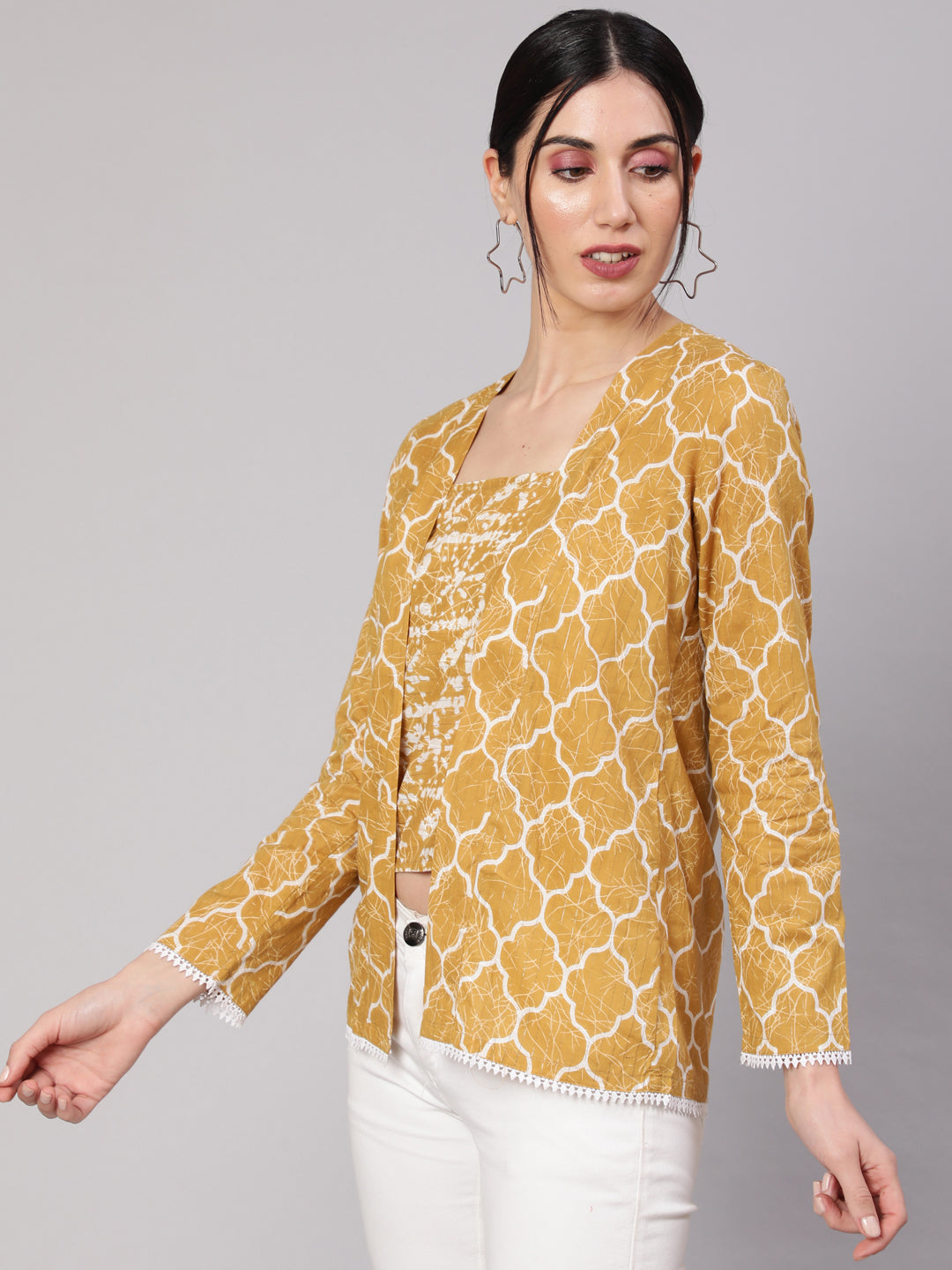 Women's Mustard Printed Lurex Top
