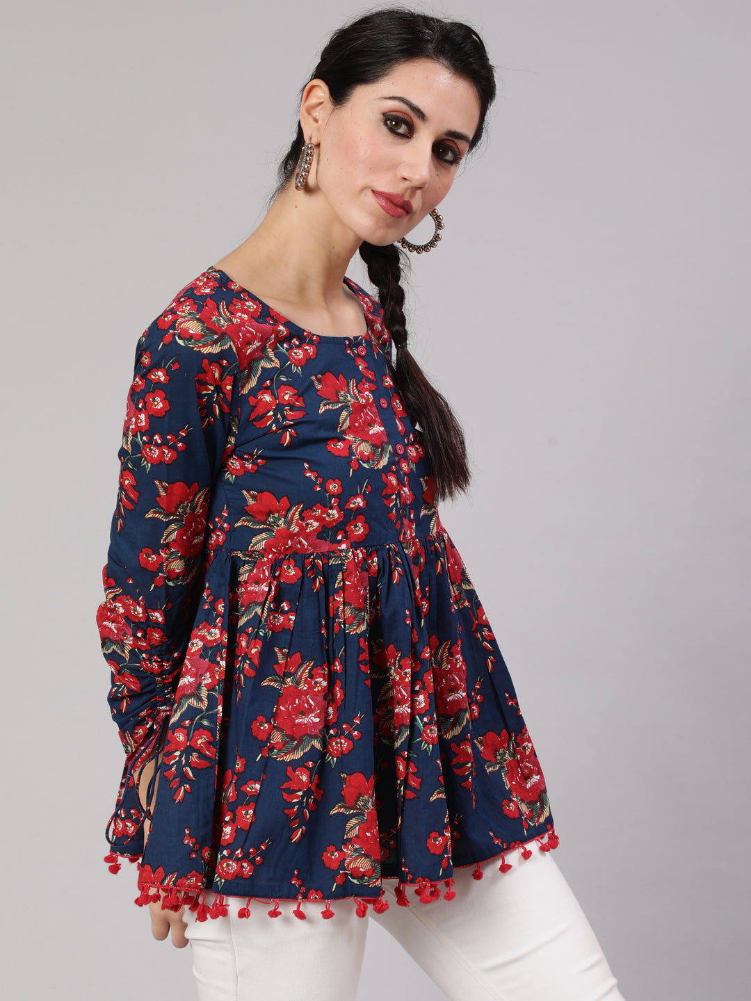 Women's Navy Blue Floral Printed Gathered Tunic