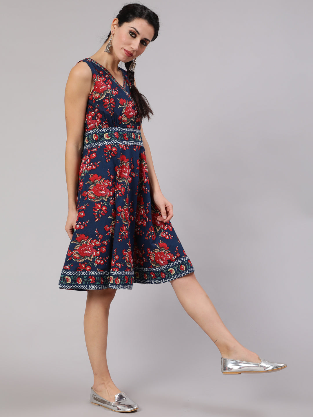 Women's Navy Blue Floral Print Short Dress