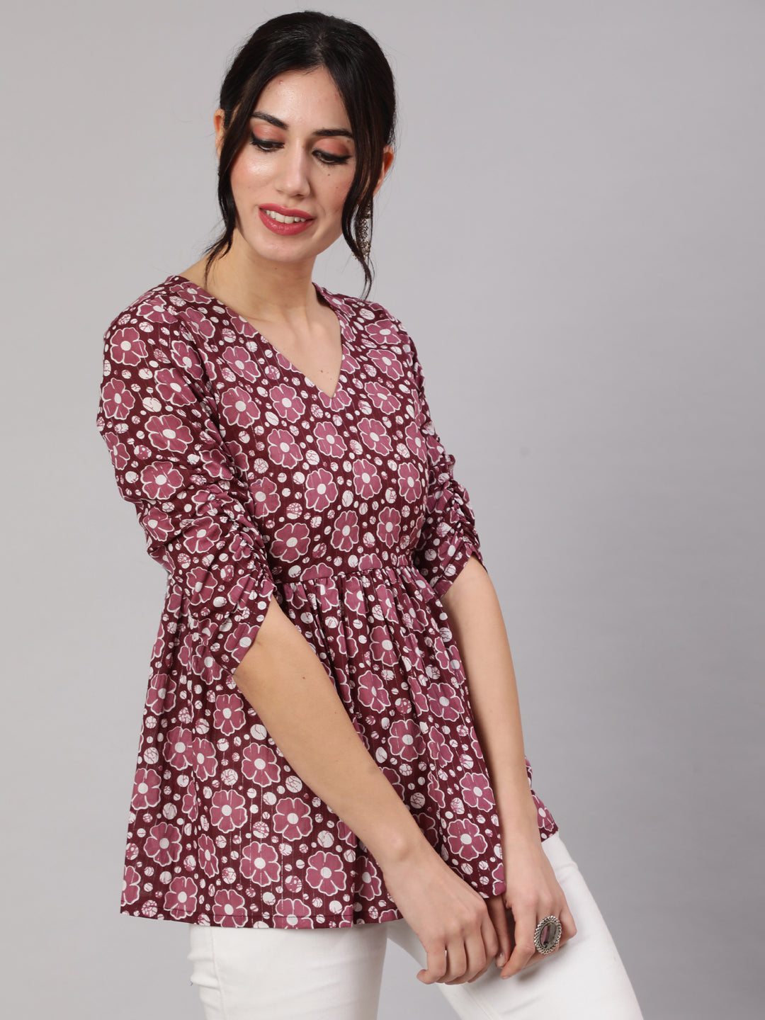 Women's Purple Floral Print Gathered Tunic