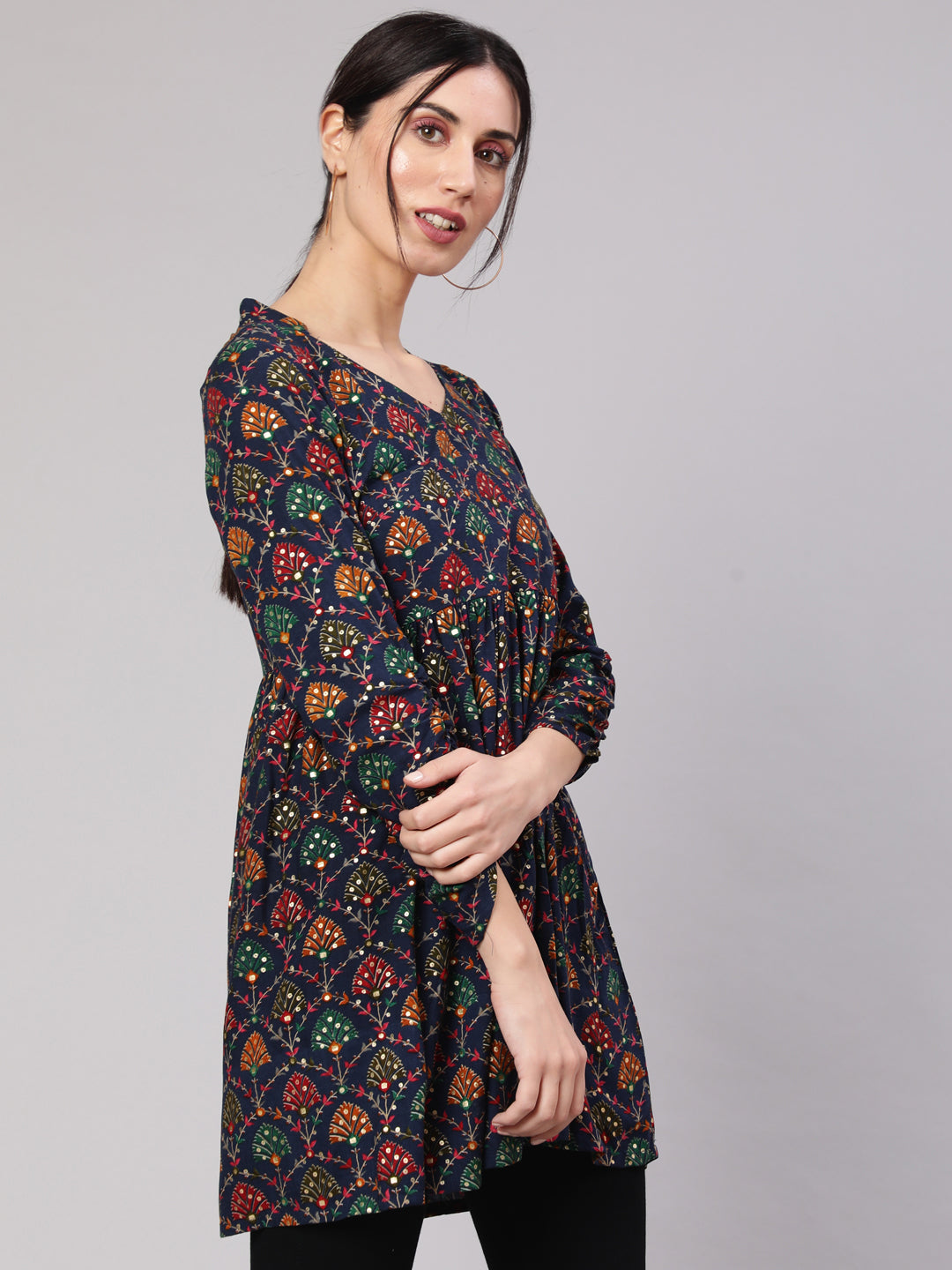 Women's Navy Blue Gold Printed Flared Tunic