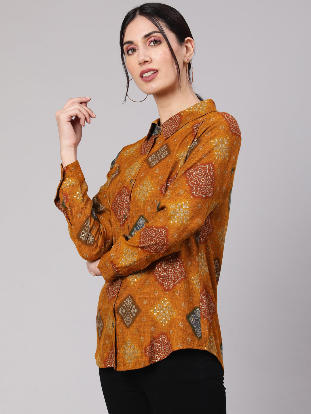 Women's Mustard Bandhani Print Shirt