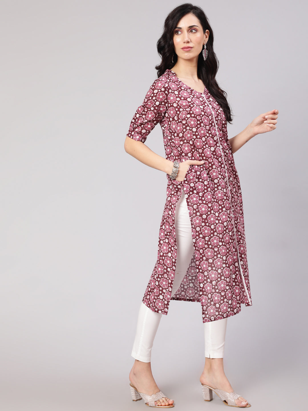 Women's Purple Floral Print Lurex Kurta