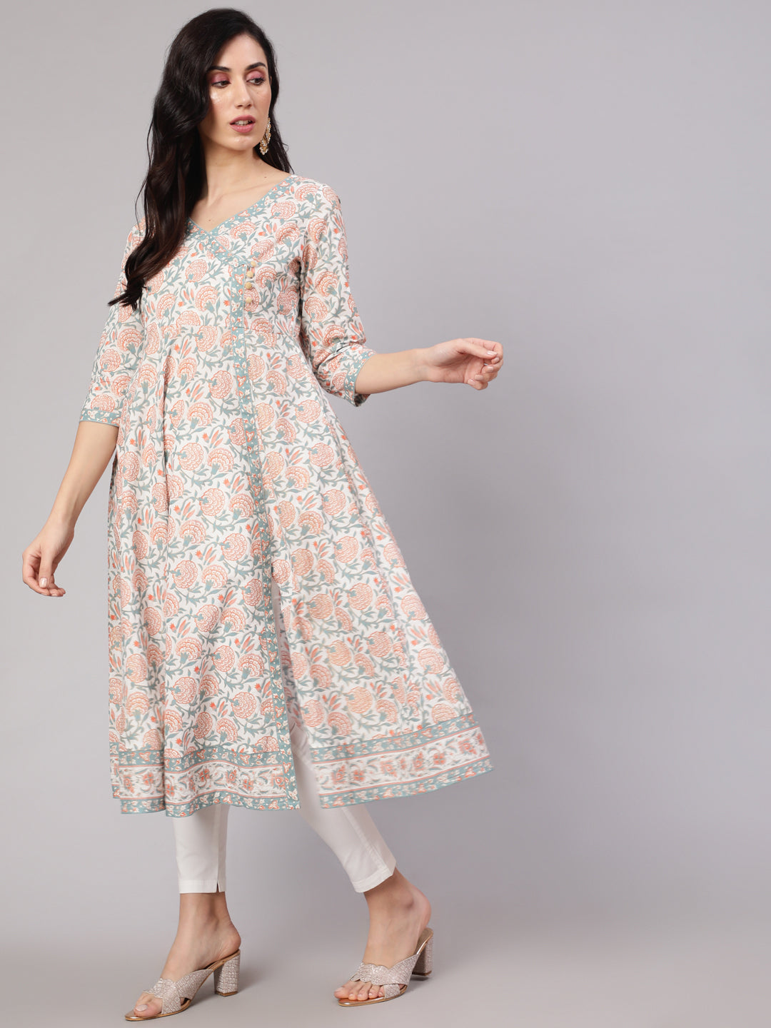 Women's White Floral Print Front Slit Anarkali Kurta