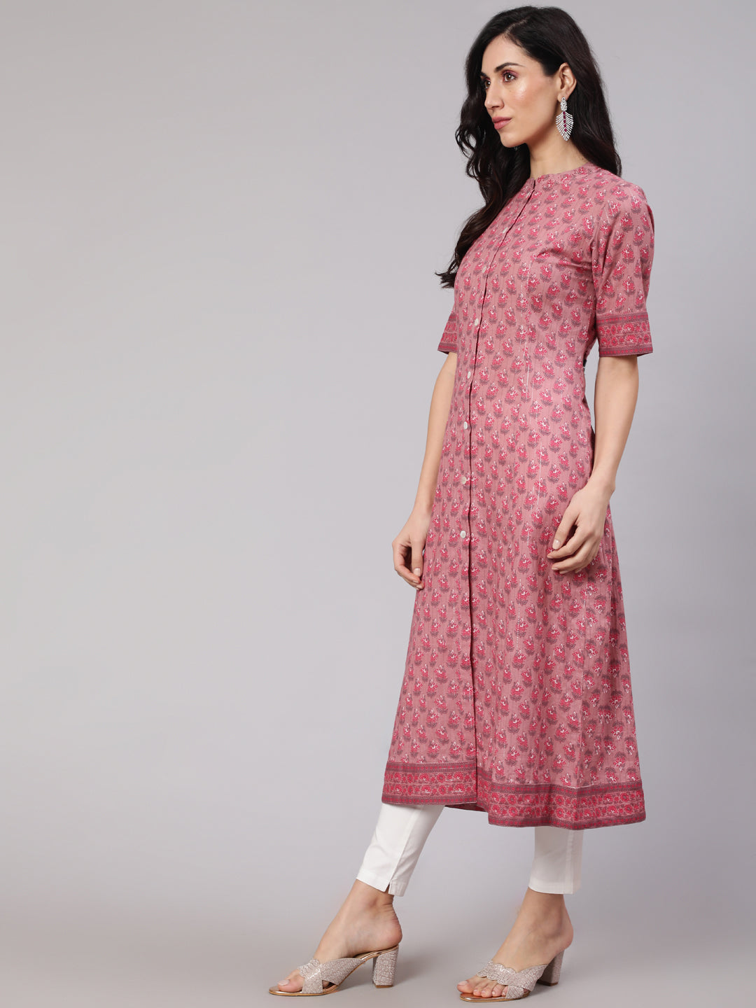 Women's Pink Floral Print Button Down Kurta