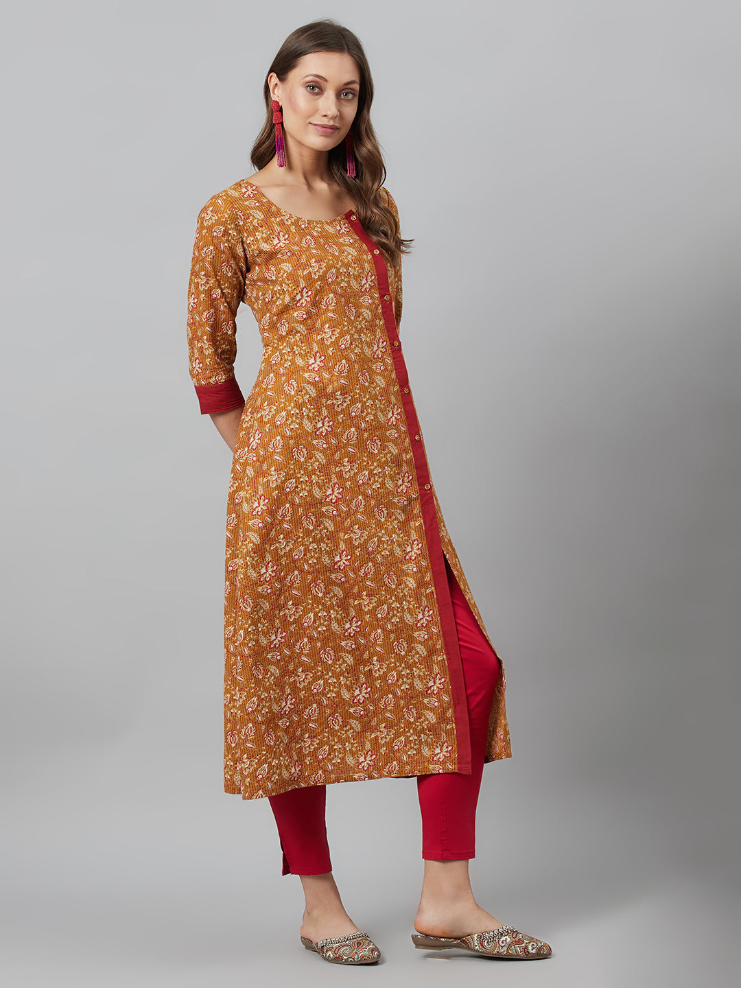 Women's Mustard Floral Print Kantha Work Button Down Kurta