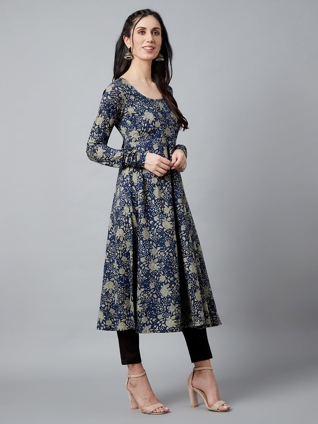Women's Navy Blue Floral Print Flared Anarkali