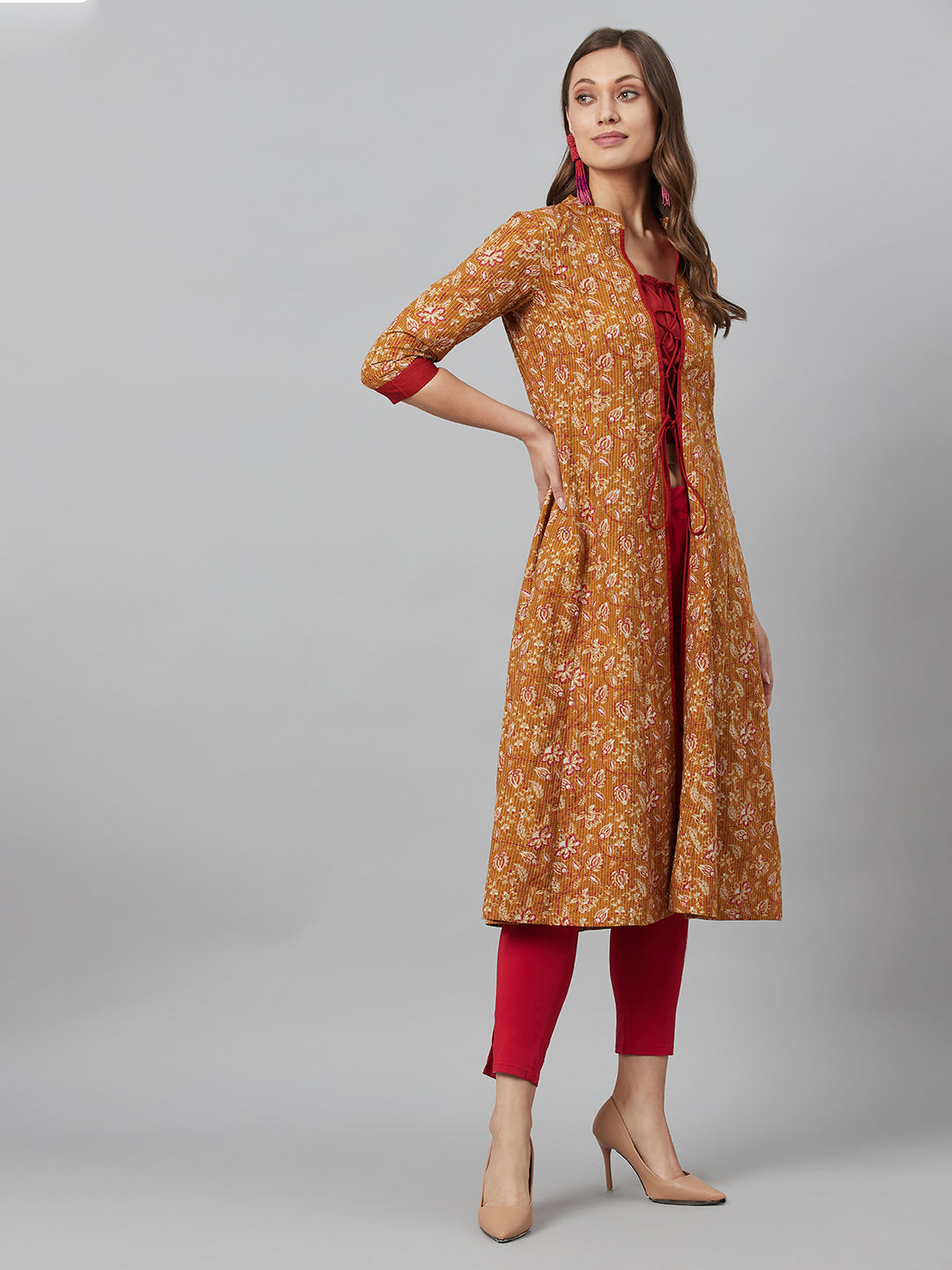 Women's Mustard Floral Print Kantha Work A-Line Jacket