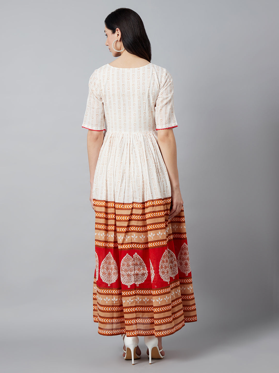 Women's White Printed Gathered Maxi Dress