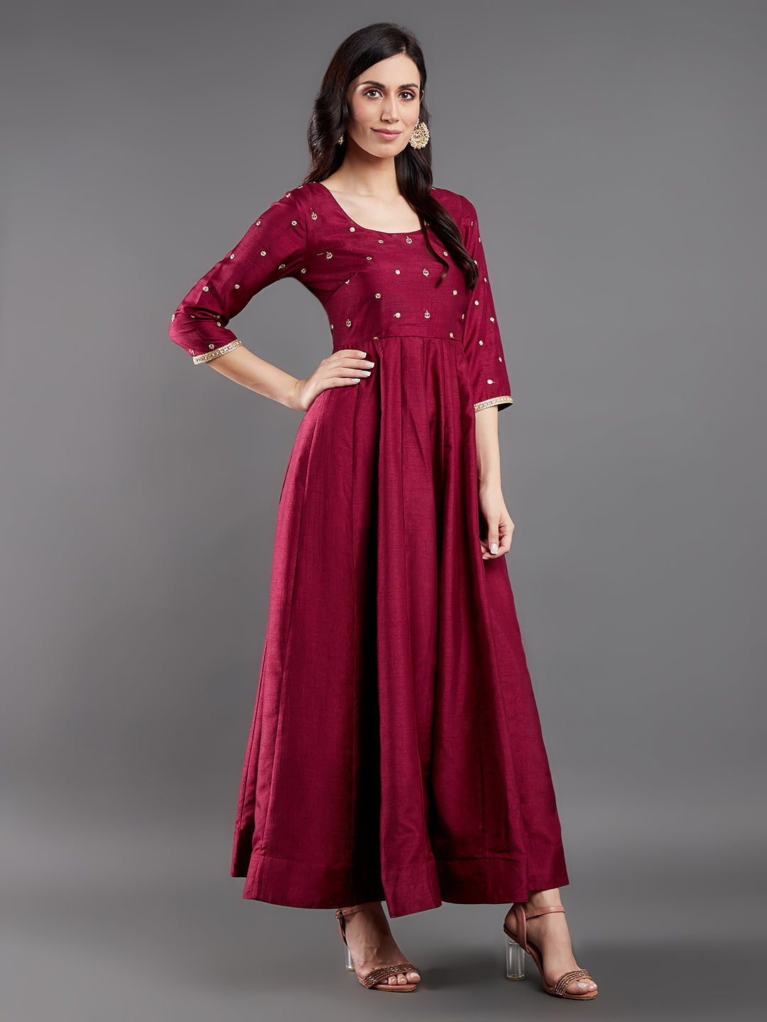 Women's Burgundy Embroidered Maxi Dress With Dupatta