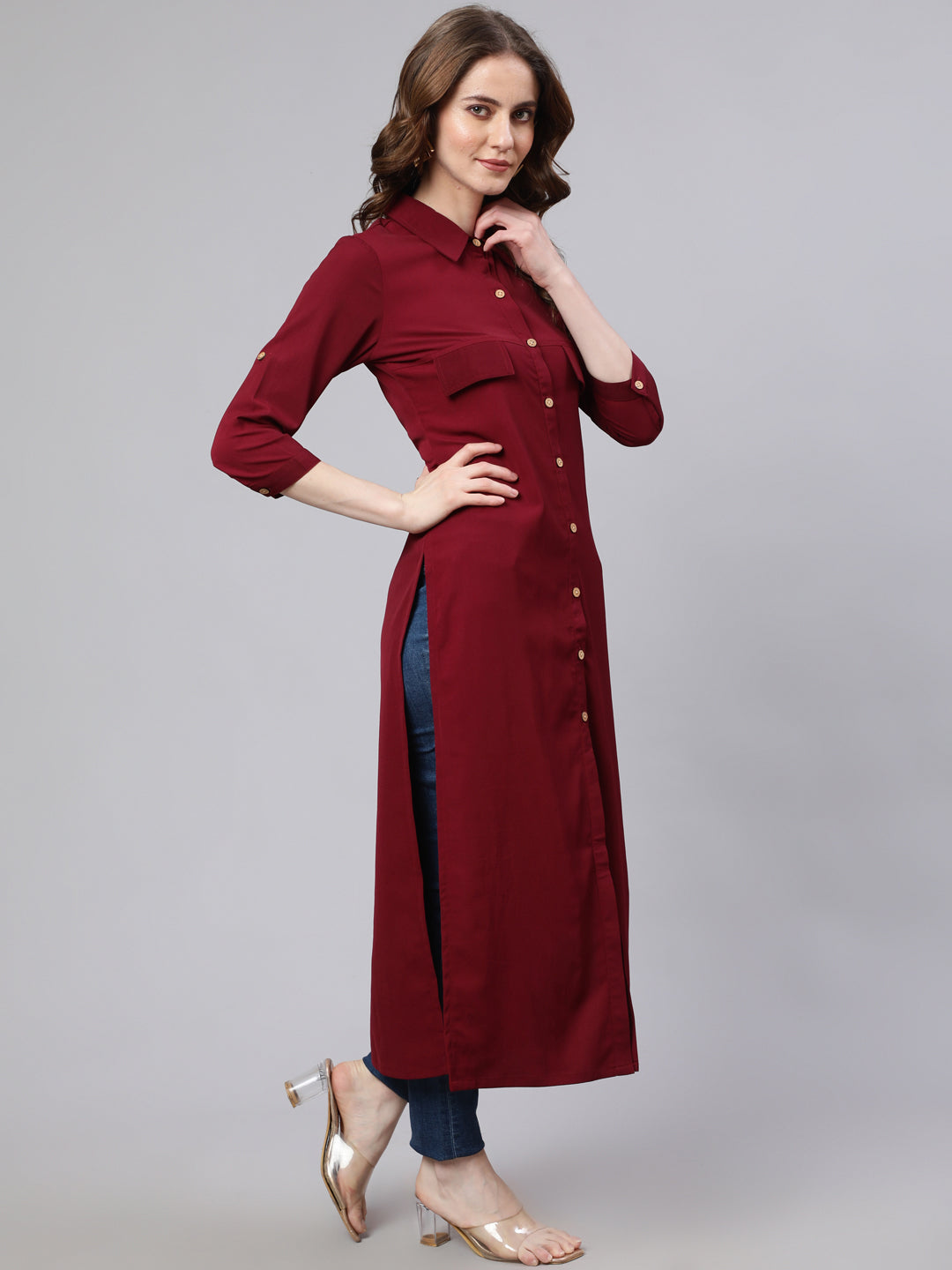 Women's Maroon Button Down Long Kurta