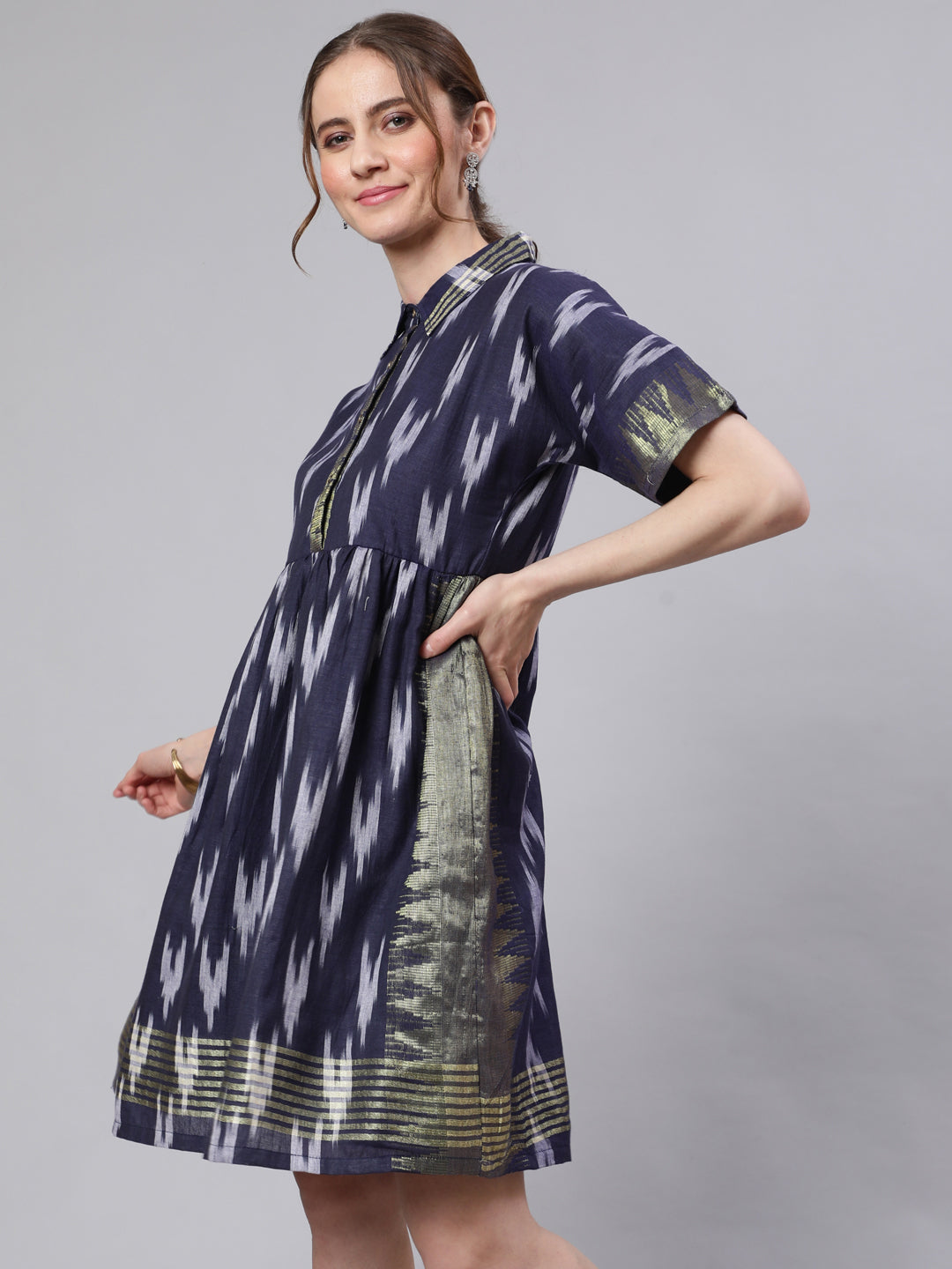 Women's Navy Blue Ikat Skater Dress
