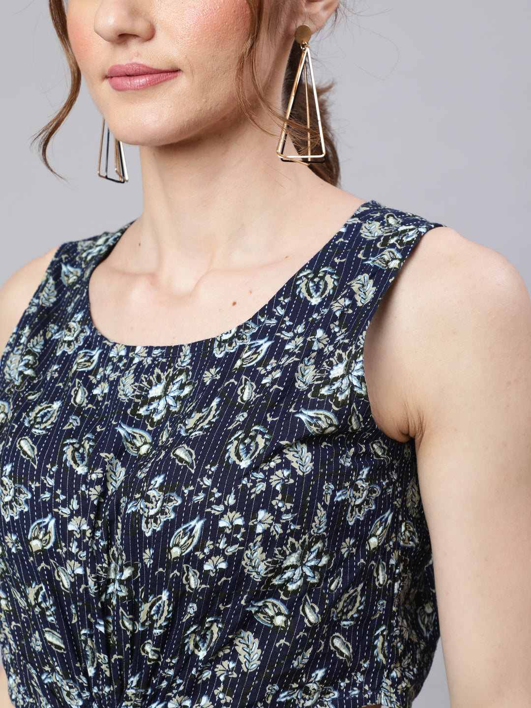Women's Navy Blue Floral Print Cut-Out Midi Dress