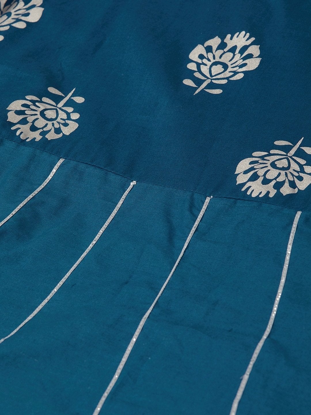 Women's Teal Blue & Silver-Toned Printed Anarkali Kurta