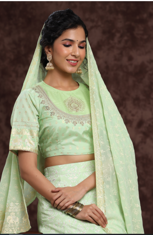 Women's Mint Shantoon Embroidred Lehenga Choli Dupatta Set