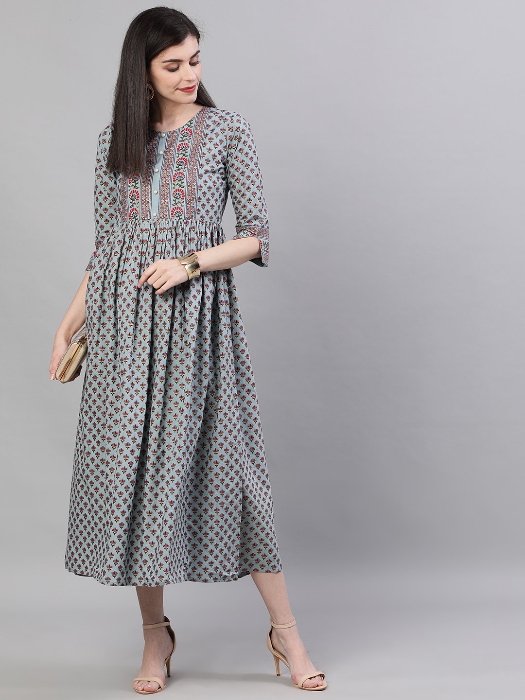 Women's Blue Ethnic Motifs Printed Round Neck Cotton Maxi Dress