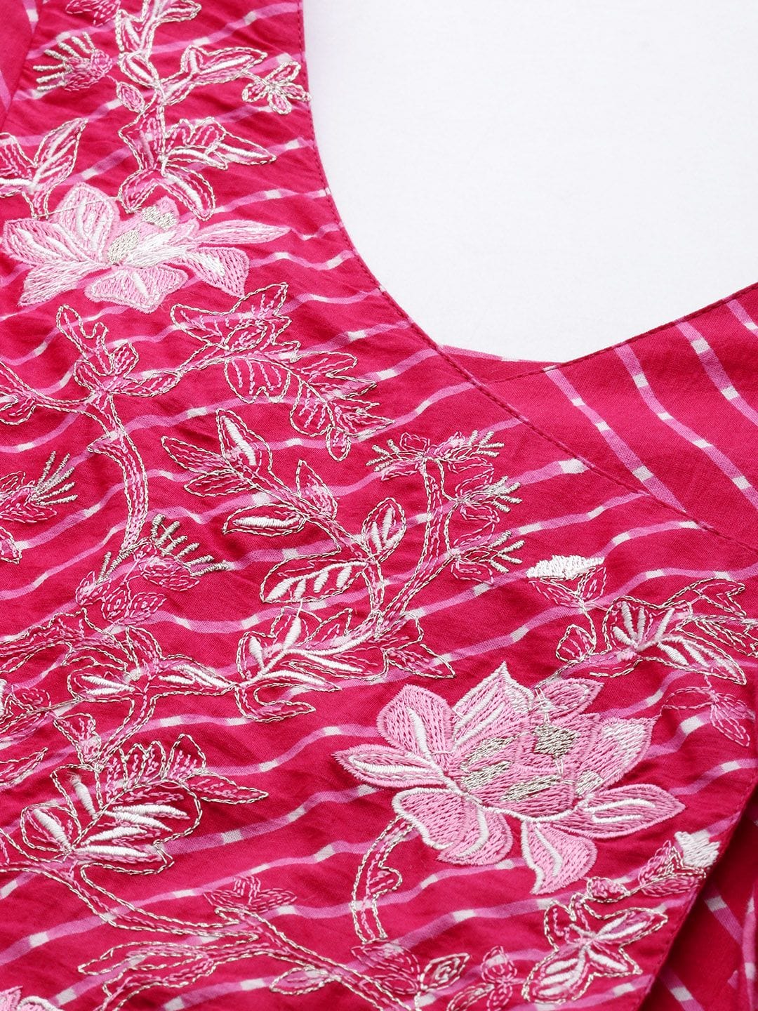 Women's Pink & White Leheriya Printed Angrakha Kurta With Embroidery