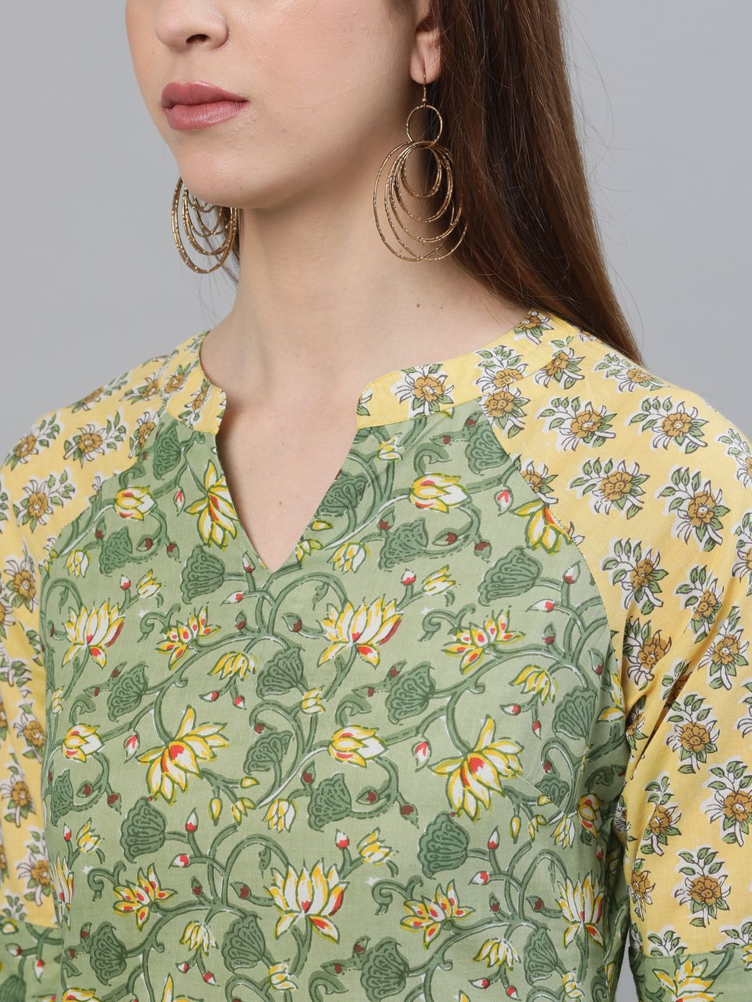 Women's Green & Yellow Floral Printed Kurta With Balloon Palazzo Set