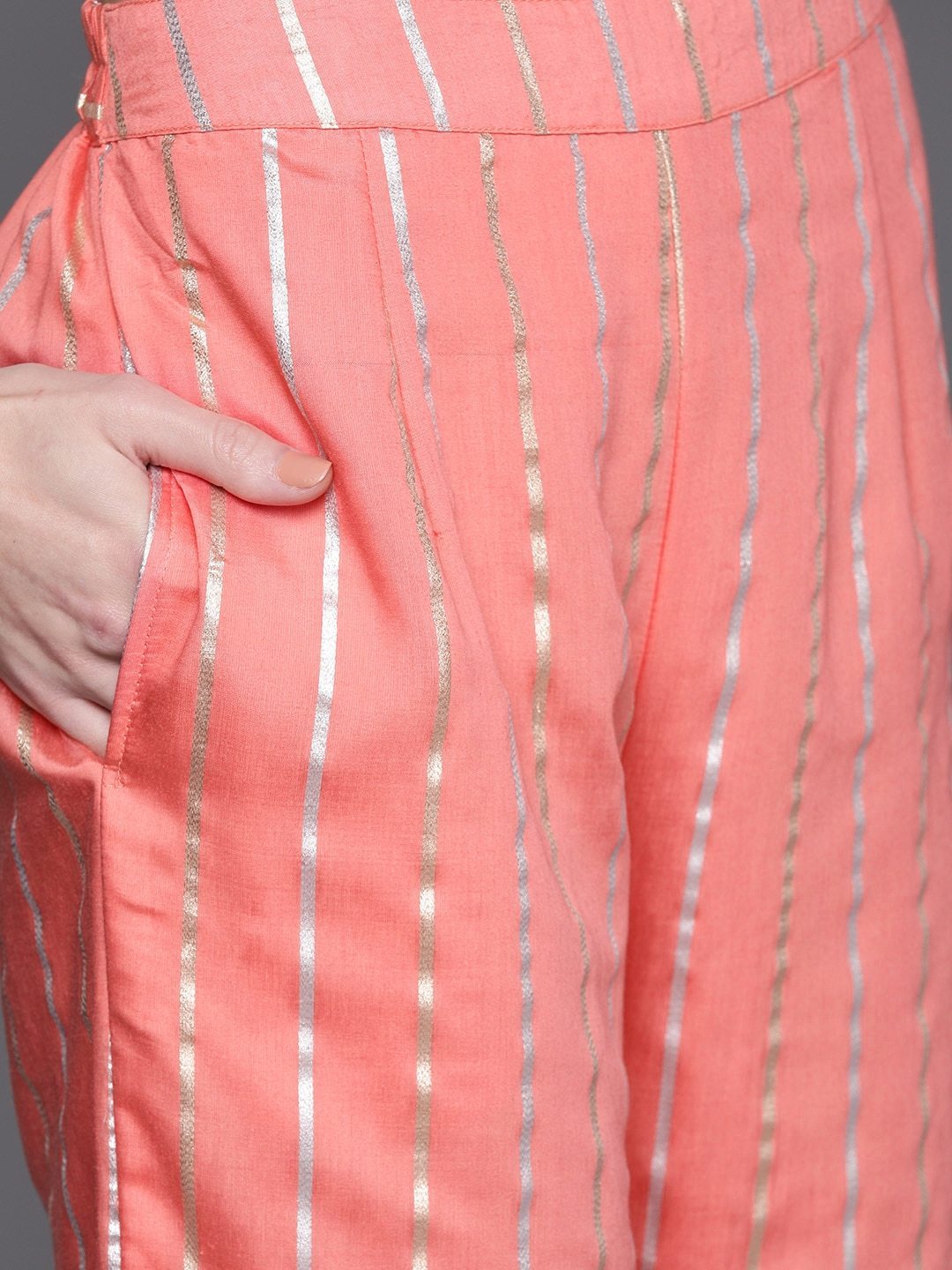 Women's Peach-Coloured & Golden Striped Kurta with Palazzos