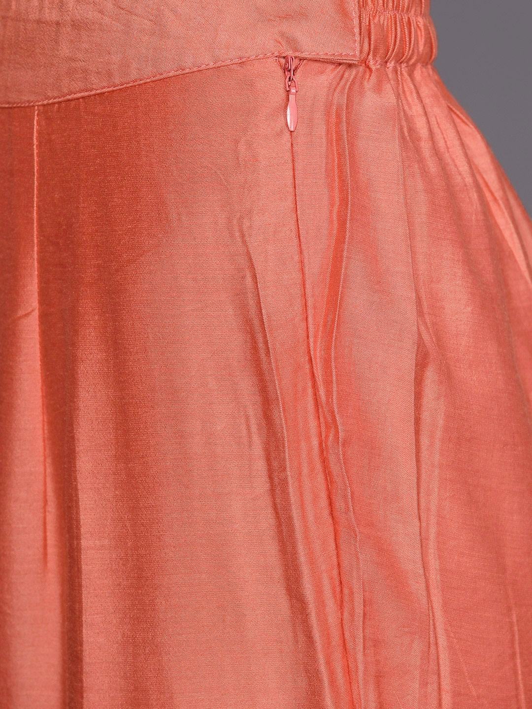 Women's Coral Orange & Silver Self-Striped Kurta with Palazzos