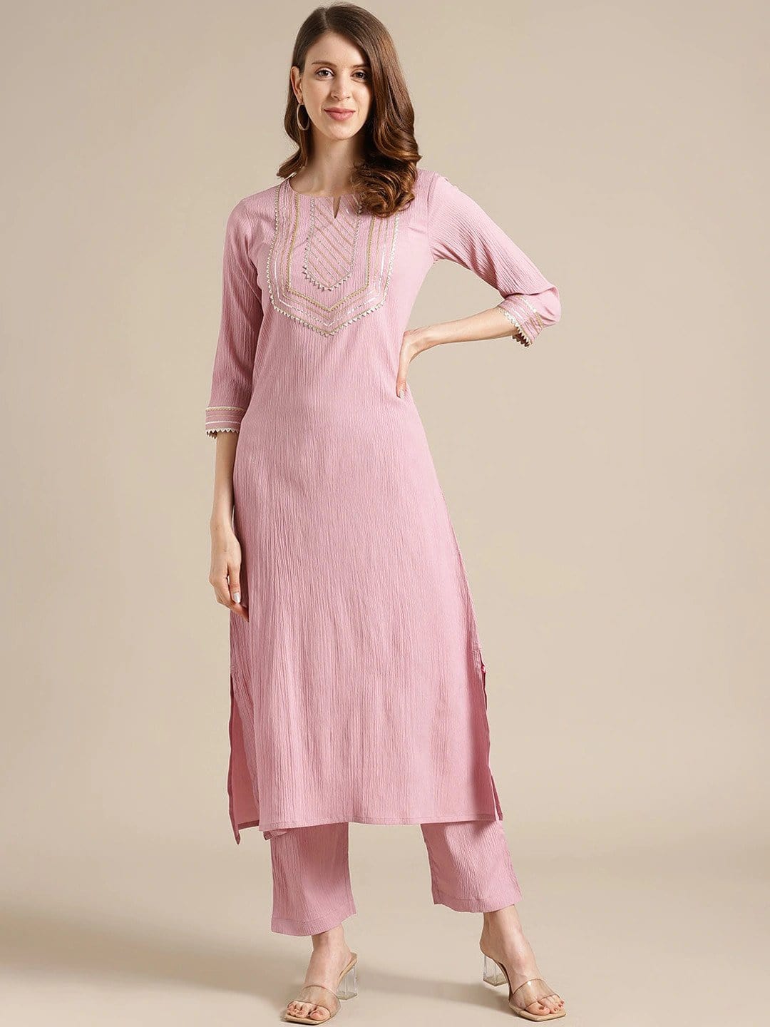 Women's Pink Yoke Design Gotta Patti Crepe Kurta
