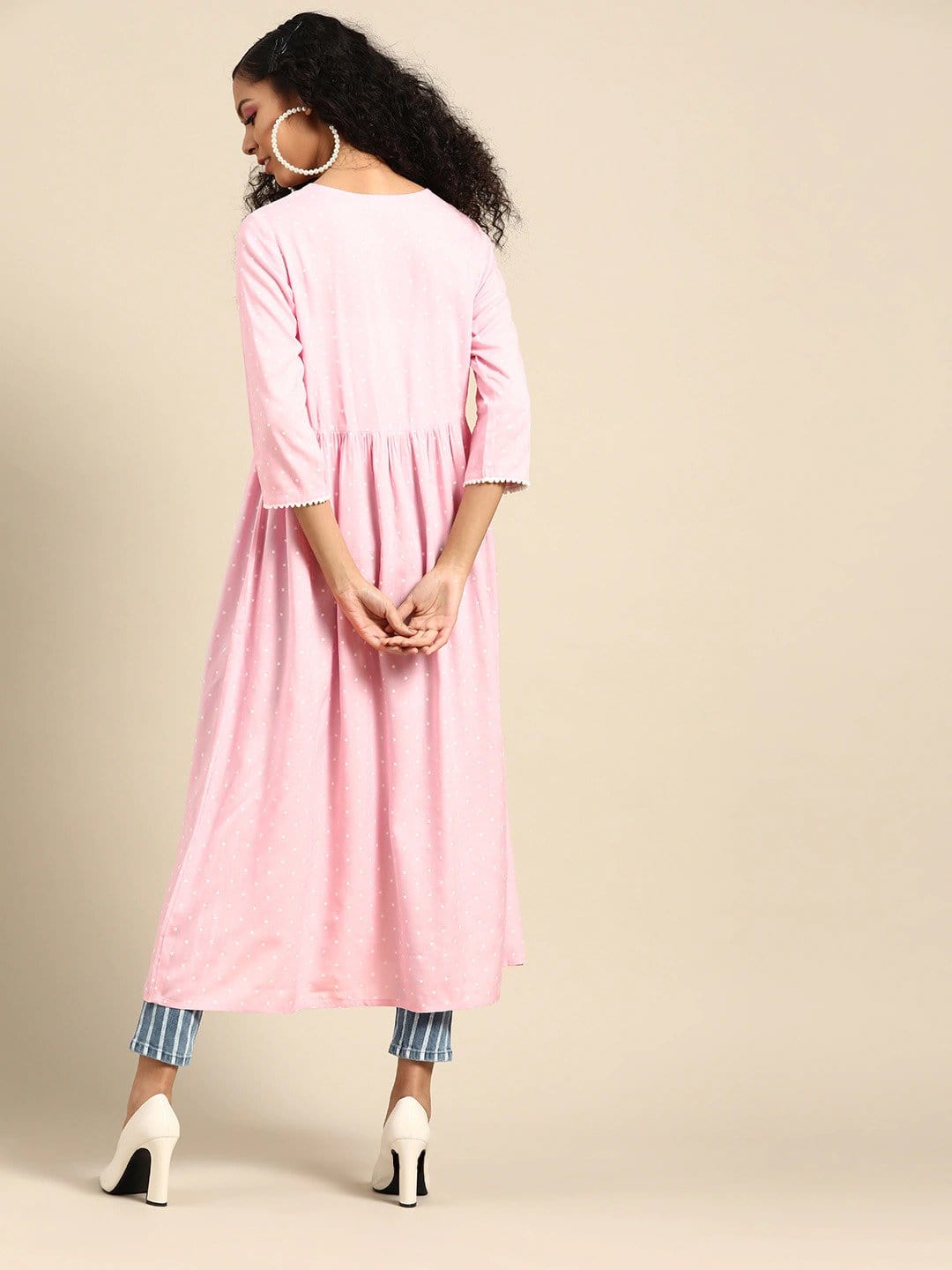 Women's Pink & White Polka Dots Printed Kurta