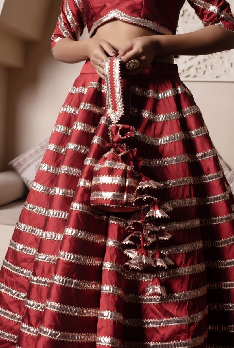 Women's Ghazal Red Taffeta Silk Gota Patti Lehenga Set With Soft Net Dupatta