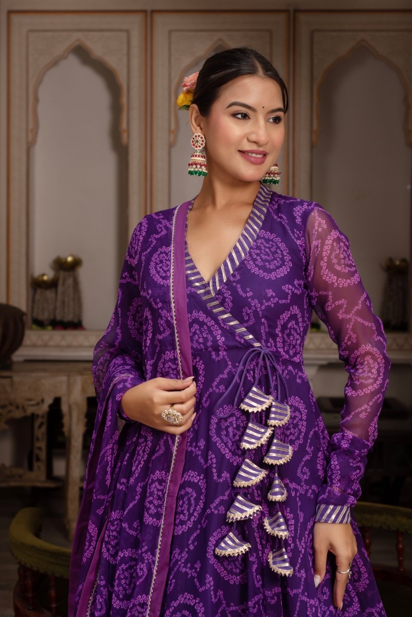 Women's Gulabi Galiyan Rangela Purple Bandhej Georgette Gota Patti Angrakha Set
