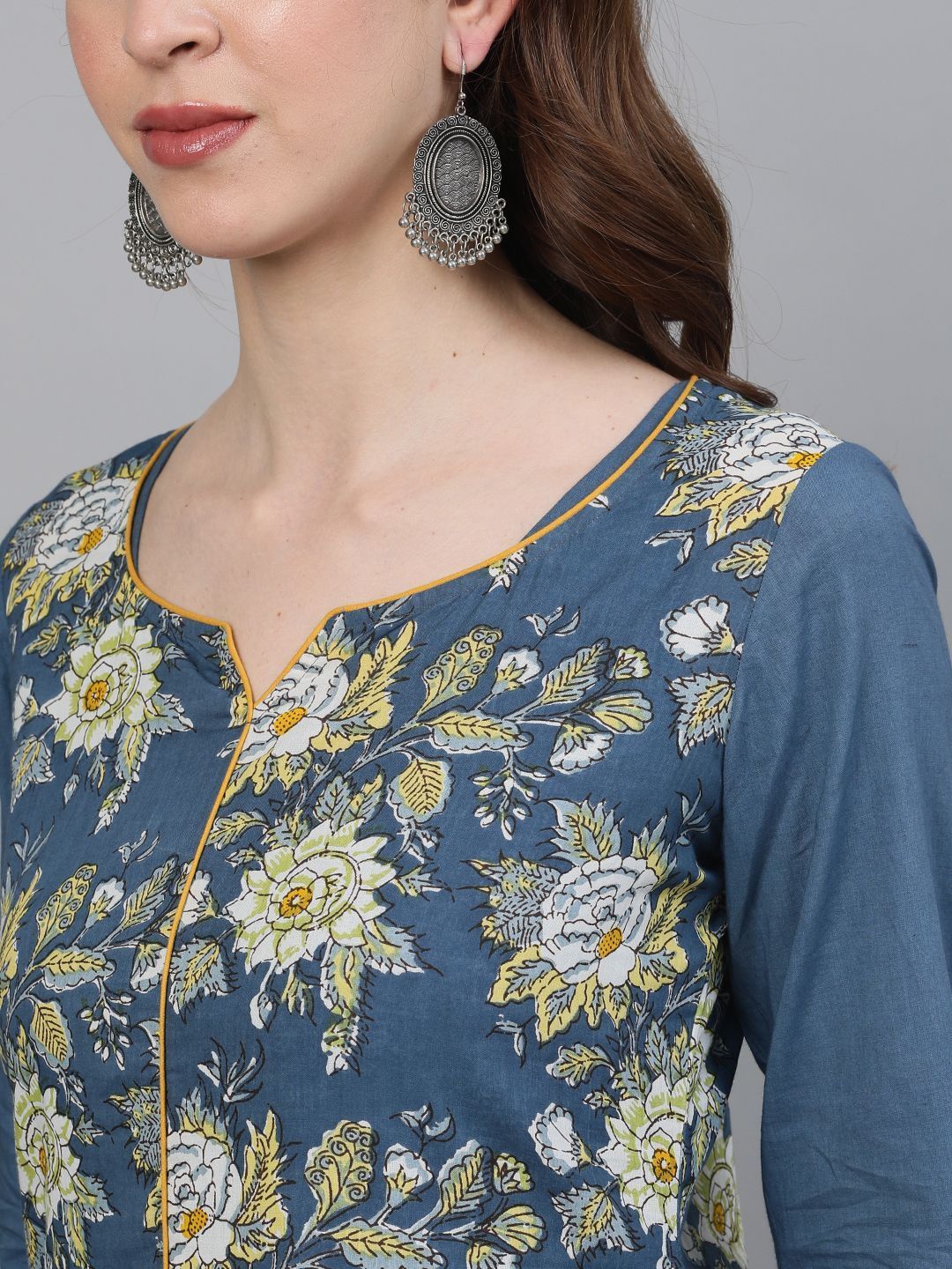 Women's Blue & Yellow Floral Printed Double Layered Kurta
