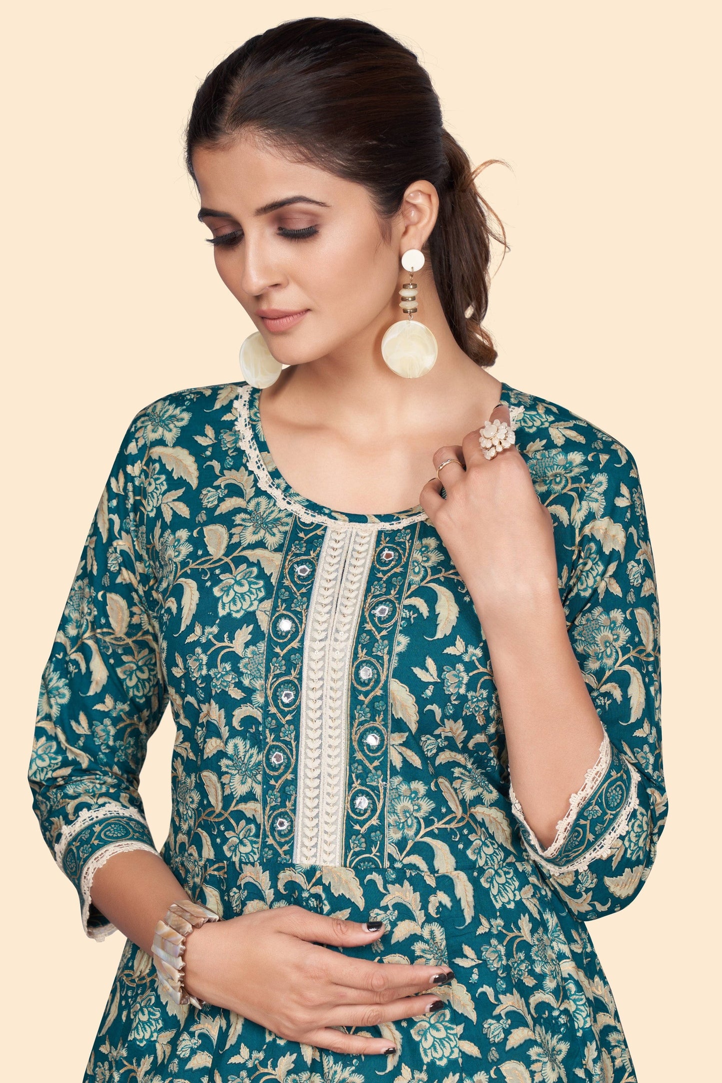 Women's Floral Print A-Line Cotton Teal Stitched Kurta