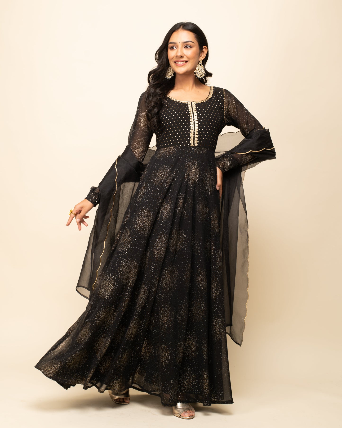 Women's Black Georgette Flared Kurta With dupatta