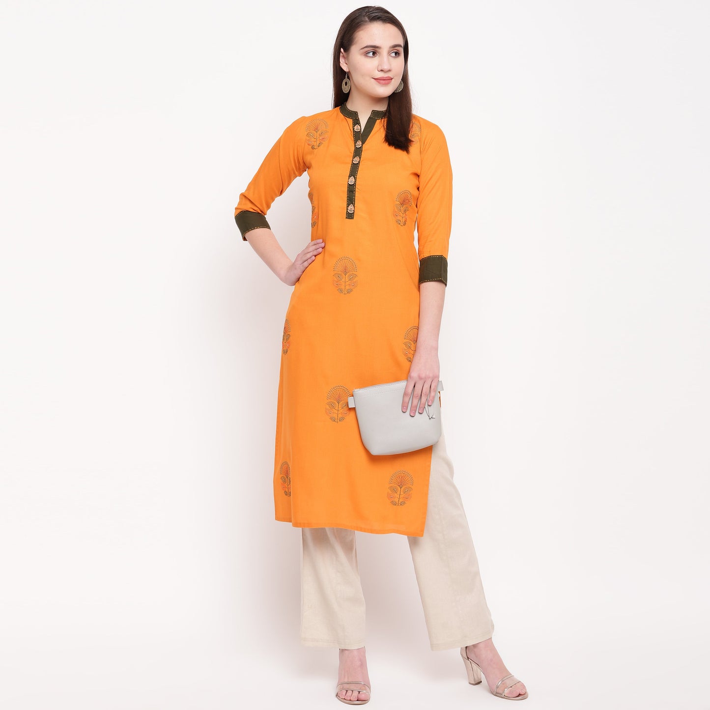 Women's Embroidered Straight Rayon Mustard Kurta (1Pc)